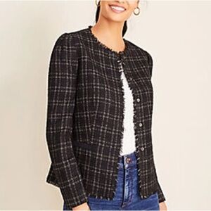 Ann Taylor Shimmer Plaid Fringe Tweed Jacket